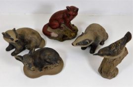 Five Poole pottery animals including a red fox