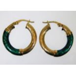 A pair of 9t gold hoop earrings with malachite sty