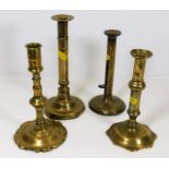 Four 18thC. brass candlesticks, some faults