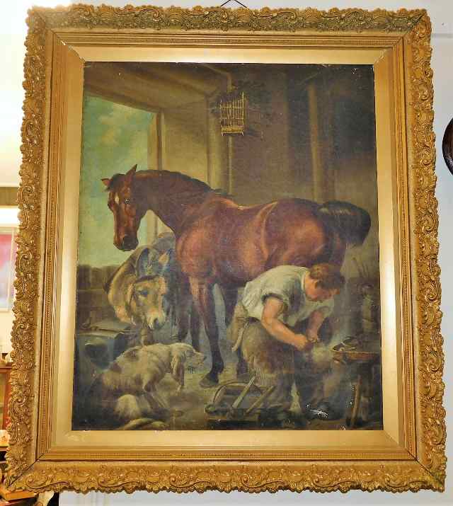 A 19thC. oil on canvas depicting farrier & horse a