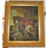 A 19thC. oil on canvas depicting farrier & horse a