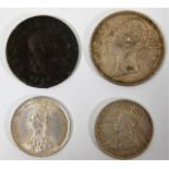 An 1840 Victorian rupee, an 1887 silver shilling,