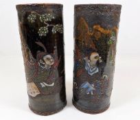 A pair of 19thC. Chinese brush pots with enamelled