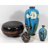 An Oriental cloisonne floral vase & one smaller tw