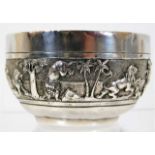 A c.1910 Indian silver bowl depicting lions & hunt