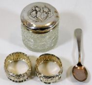 A silver topped tidy, a pair of small silver napki