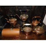 Two copper spirit kettles & four other pieces of c