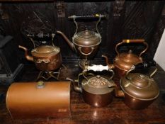 Two copper spirit kettles & four other pieces of c