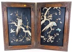 A pair of Chinese oak framed ivory, bone & mother