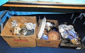 Three boxes of mixed ceramics & sundry items including a radio & fan