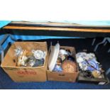 Three boxes of mixed ceramics & sundry items including a radio & fan