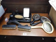An ebony dressing table set & one other mirror twinned with a selection of vintage ladies handbags