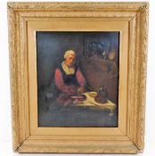 A c.1800 Dutch school gilt framed painting of woman seated at table, image size 13.5in x 11.5in afte