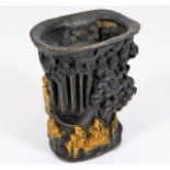 A Chinese bronze brush pot with relief decor 4in t