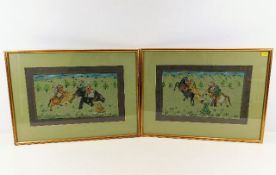 Two framed Asian hunt scene paintings twinned with