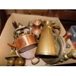 A boxed quantity of copper, brass & other metalwar