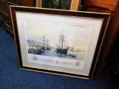 A framed print of sailboat in harbour by Harry Clow, signed in pencil
