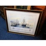 A framed print of sailboat in harbour by Harry Clow, signed in pencil