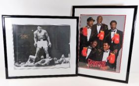 Two framed boxing photographs featuring autographs