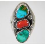 A large silver mounted turquoise & carnelian ring
