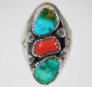 A large silver mounted turquoise & carnelian ring