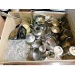 A boxed quantity of silver plated, brass & other m