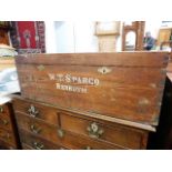 An antique pitch pine chest imprinted W. T. Spargo