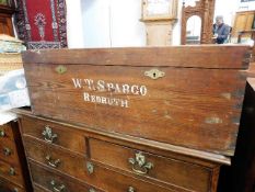 An antique pitch pine chest imprinted W. T. Spargo