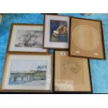 A group of five pictures & paintings including a w