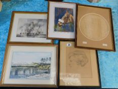 A group of five pictures & paintings including a w