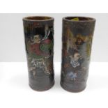 A pair of 19thC. Chinese brush pots with enamelled