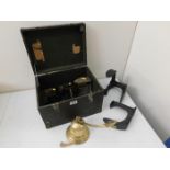Three shoe lasts, a military box, a brass bell & t