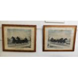 Two maple framed prints of horse drawn sledges, Am