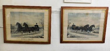 Two maple framed prints of horse drawn sledges, Am