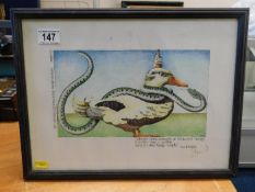 A signed Simon Drew print depicting duck & snake