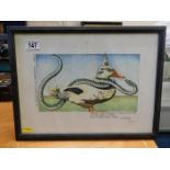 A signed Simon Drew print depicting duck & snake