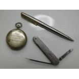 A silver mounted penknife, a Parker pen & a milita