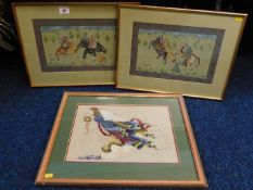 Two Indian paintings on silk with a needlework pic