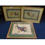 Two Indian paintings on silk with a needlework pic