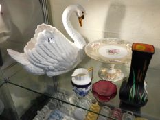 A large Dartmouth pottery swan, a 19thC. tazza & o