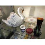 A large Dartmouth pottery swan, a 19thC. tazza & o