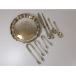 A pair of P&O plated spoons, a plated salver & oth