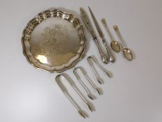 A pair of P&O plated spoons, a plated salver & oth