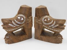 Two Ethnic bookends with mother of pearl inlay