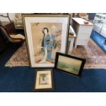 A large framed Japanese print & two other decorati
