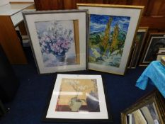 Three large prints, two floral & one other