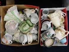 Two boxes of ceramics including jugs & teapots