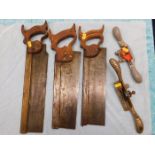 Three wood saws & two spoke shaves including Stanl