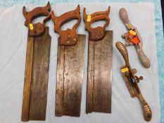 Three wood saws & two spoke shaves including Stanl