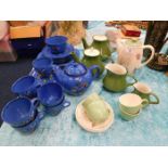 An Adderley blue tea set with enamelled decor twin